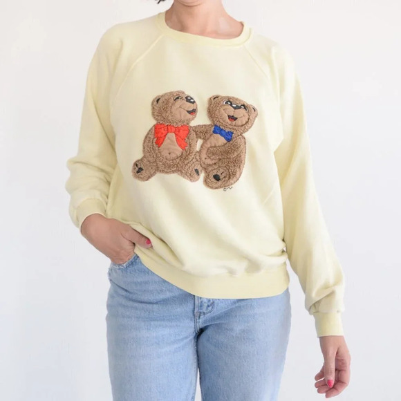 Tsk..Tsk Butter Yellow Pastel  with 2 Fuzzy Bears Crewneck Sweater - Picture 3 of 15
